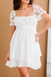 White Square Neck Lace Contrast Ruffles Bow Back A Line Mini Dress